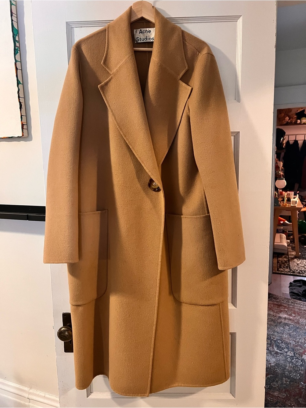 Acne camel wool belted long coat